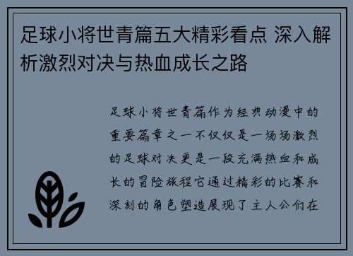 足球小将世青篇五大精彩看点 深入解析激烈对决与热血成长之路